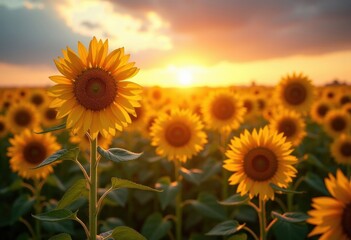 Fototapeta premium Vibrant Sunflower Field Bathed in Golden Light with Dynamic Skies and Lush Green Hues Capturing Nature's Essence