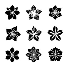Collection of nine black and white stylized flower icons.