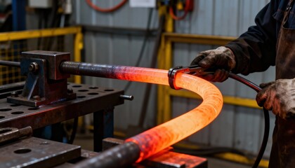Heatassisted pipe bending with glowing heated metal pipe being carefully curved highlighting thermal flexibility and craftsmanship.