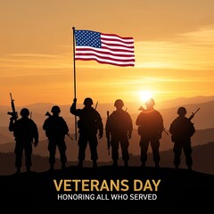 Patriotic silhouette of soldiers holding the American flag against a sunset sky to honor Veterans Day