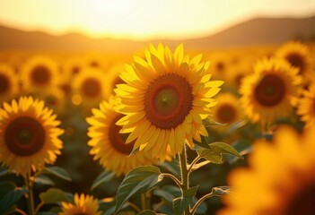 Obraz premium Vibrant Sunflower Field Illuminated by Bright Summer Sunlight Flourishing in Beauty