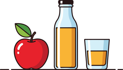 Flat Design Illustration of Red Apple, Bottle, and Glass of Fresh Apple Juice