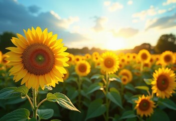 Obraz premium Vibrant Sunflower Field Swaying in Gentle Breeze Under Clear Blue Sky