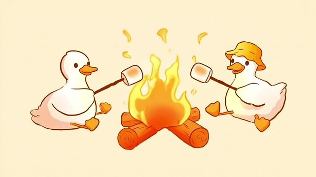 Cute Ducks Roasting Marshmallows on a Campfire - Cozy Cartoon Animation