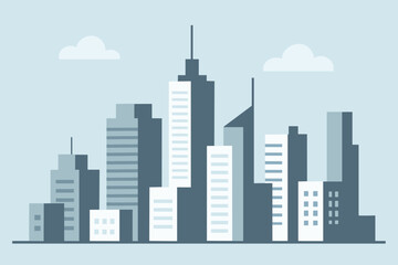 A minimalist illustration of a city skyline featuring modern skyscrapers in varying shades of blue and gray, set against a light sky with soft clouds