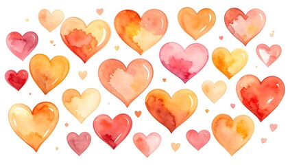 Watercolor hearts in various shades of orange and pink
