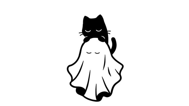 Cute Black Cat Peeking Over a Friendly Ghost - Animated Halloween Cartoon