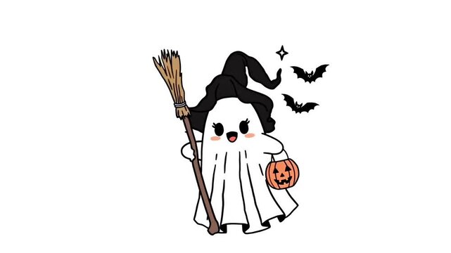 Cute Ghost Dressed as a Witch for Halloween - Animated Cartoon Character Loop