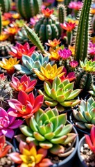 Fototapeta premium A vibrant collection of succulents and cacti thrive in a sun-drenched garden, showcasing diverse textures and colors, arrangement, autumn, detail
