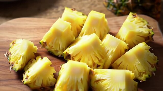 Pineapple Chunks on Wooden Cutting Board With Natural Light
