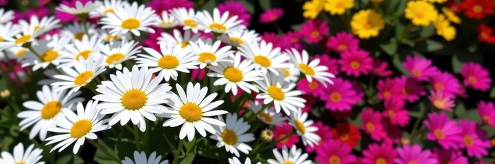 Obraz premium A vibrant patch of daisies thrives in a meticulously maintained flower bed, showcasing a profusion of white petals and sunny yellow centers, yellow, beauty