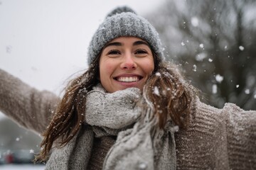 Joyful young woman wearing a knit gray hat and scarf smiles brightly while snowflakes fall around her in a close-up outdoor winter scene filled with happiness and energy
