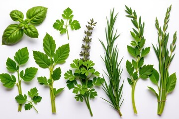 Obraz premium Fresh garden herbs isolated on white, vibrant green sprigs of basil, mint, parsley, rosemary, thyme, dill, oregano, cooking herbs, macro