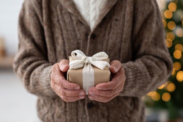 Close-up of an elderly man wearing a brown wool cardigan and holding a small present wrapped in brown paper with a decorative ribbon, with blurred lights behind