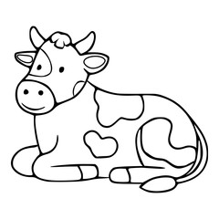 Whimsical black and white vector illustration of a contented cow lying down, featuring bold outlines and playful spots.