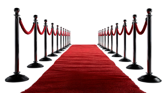 Transparent Png of a Classic Red Carpet, Featuring Elegant Chrome Stanchions with Red Velvet Ropes, Ready for Exclusive Events and Vip Entrances
