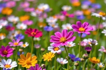 Obraz premium Vibrant wildflowers bloom in a sun-drenched spring meadow, showcasing a colorful tapestry of nature's artistry. Delicate petals dance in a gentle breeze, creat, tapestry, spring meadow