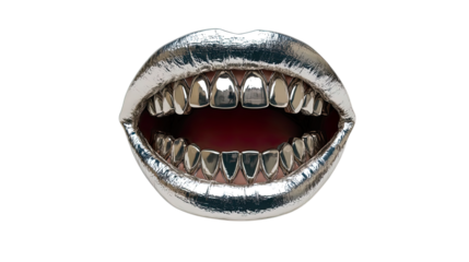 Transparent Png of Metallic Silver Lips with Shiny Grillz, an Open Mouth Featuring Textured Lips and Gleaming Dental Accessories, a Bold Artistic Statement, Luxury, Hip Hop Culture