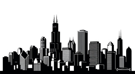 Naklejka premium Monochrome Chicago Skyline Silhouette: Iconic Urban Landscape Vector Art