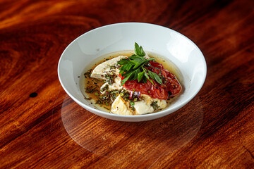 roasted mexican panela cheese whit cherry tomatos, coriander, soy sauce, salt and pepper