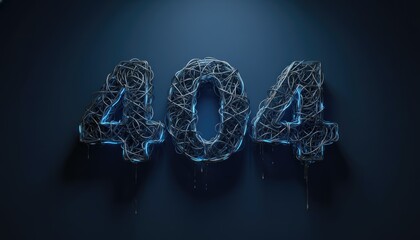 Creative metallic 404 error sign with glowing blue wires on dark background, concept of internet, web design and technology failure