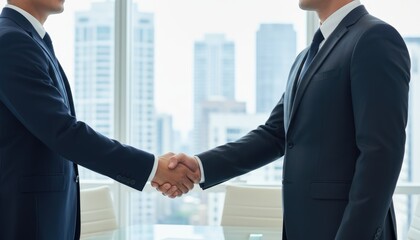 Businessmen shaking hands in modern office, concept of partnership, trust and corporate success