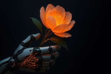 Futuristic robotic hand gently holding a glowing orange flower symbolizing harmony between technology and nature