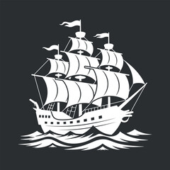 White Sailing Ship Vector Outline Seafaring Vessel Isolated Transport Nautical Adventure
