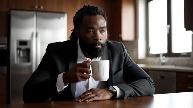 A man in a suit is sipping coffee in a kitchen, with the coffee cup resting warmly in the man's hand. Light filters into the kitchen as the man enjoys his coffee.