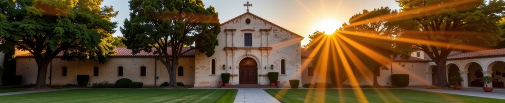 Golden hour sunlight bathes the historic Mission San Juan Capistrano, casting long shadows and illuminating its aged stone walls. A tranquil, picturesque scene, peaceful, clouds