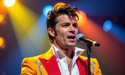 A charismatic performer with slicked-back hair, iconic sideburns, and flamboyant stage presence, known for his energetic performances and blend of rock and roll, golden age of rock and roll