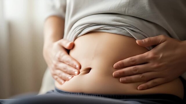 Close-up of a person pinching excess belly fat, symbolizing weight concern and body image issues