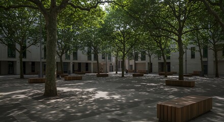 Fototapeta premium Urban Tree Park with Benches and Shade in Modern Courtyard