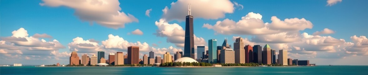 Fototapeta premium Iconic Chicago skyline featuring the Hancock building, a majestic skyscraper piercing the clouds, with a stunning cityscape backdrop, highrise, city