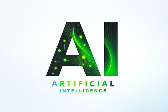 Abstract glowing green ai letters with sparkling particles and the words artificial intelligence below
