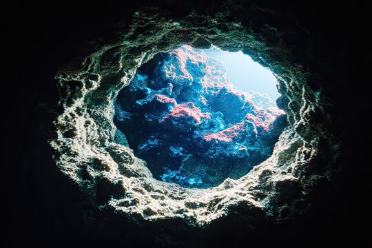 Glimpse through cave opening to underwater scene