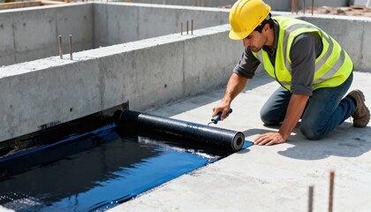 Medium shot of a construction professional installing sheet membrane waterproofing on a concrete foundation to prevent water seepage and enhance durability.
