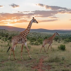 Obraz premium Giraffes wander at sunset in a serene african landscape with vast plains and a gentle warm and