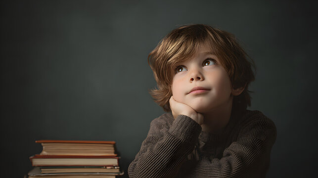 Photo of a boy with medium brown hair sitting on the right, elbow on a stack of books, looking up thoughtfully against a blank chalkboard in a calm academic setting with soft overhead light.