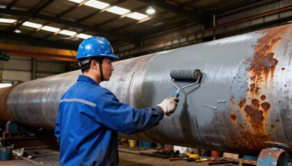 Medium shot of an industrial worker rolling a protective coating evenly over a large pipeline showcasing efficient manual application techniques for rust prevention.