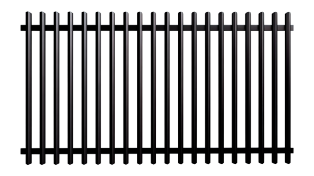 Transparent Png of a Modern Metallic Fence Segment, Featuring Strong Vertical Slats and Horizontal Supports, a Clean Architectural Barrier Element