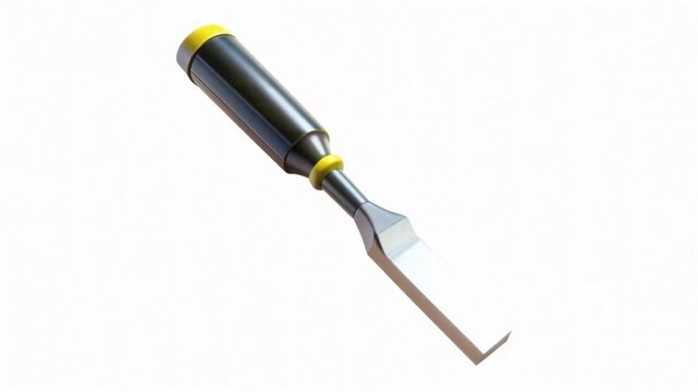 A close-up of a modern chisel with a black and yellow handle against a white background.