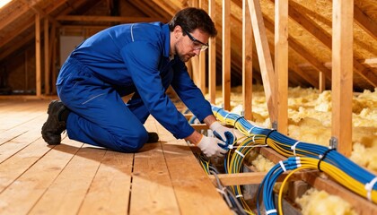Worker securing fiberoptic cables in a residential attic demonstrating meticulous installation techniques for reliable highspeed internet service.