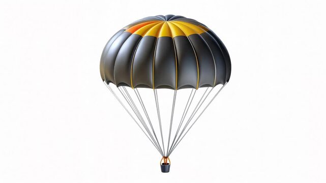 A black and yellow parachute with multiple panels, showcasing a sleek design and aerodynamic shape.