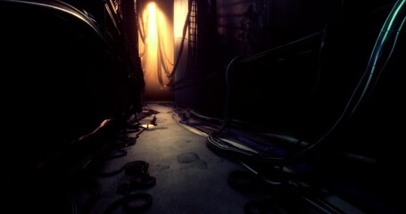 Dimly lit corridor with walls lined by cables and shadows. A warm glow emerges from the end, creating an intriguing contrast in a seemingly abandoned space. - Powered by Adobe