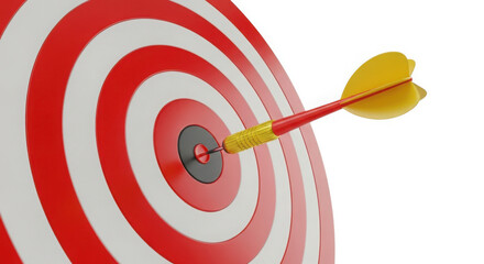 A red and white dartboard with a yellow dart hitting the bullseye isolated on white background