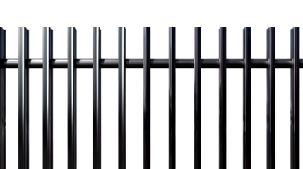 Transparent Cutout of a Sleek Metallic Fence, Featuring Vertical Bars Joined by a Horizontal Rail, Ideal for Graphic Design, Industrial Projects, and Modern Architectural Backgrounds