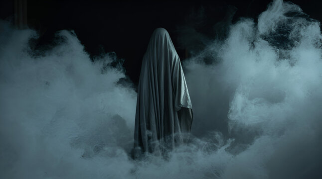 Mysterious ghost figure covered with white sheet standing in the fog