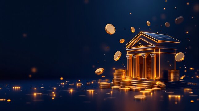 Banking Prosperity Visual: Golden Bank Building Surrounded By Coins Evoking Financial Growth And Security On A Dark Backdrop