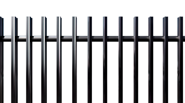 Transparent Cutout of a Sleek Metallic Fence, Featuring Vertical Bars Joined by a Horizontal Rail, Ideal for Graphic Design, Industrial Projects, and Modern Architectural Backgrounds